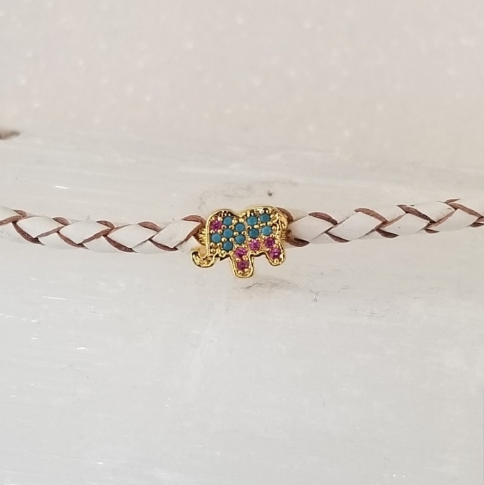 White Braided Leather 🐘 Charm Choker Necklace - Picture 3 of 4
